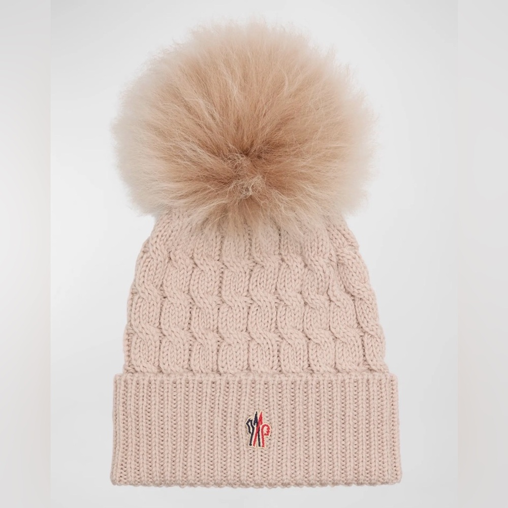 Moncler Light Pink Cable Knit Beanie with Pom-Pom
